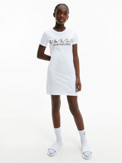 Calvin Klein Ruhák HU372930 | Calvin Klein Organic Cotton Logo Lány Pólóruha Világos Fehér